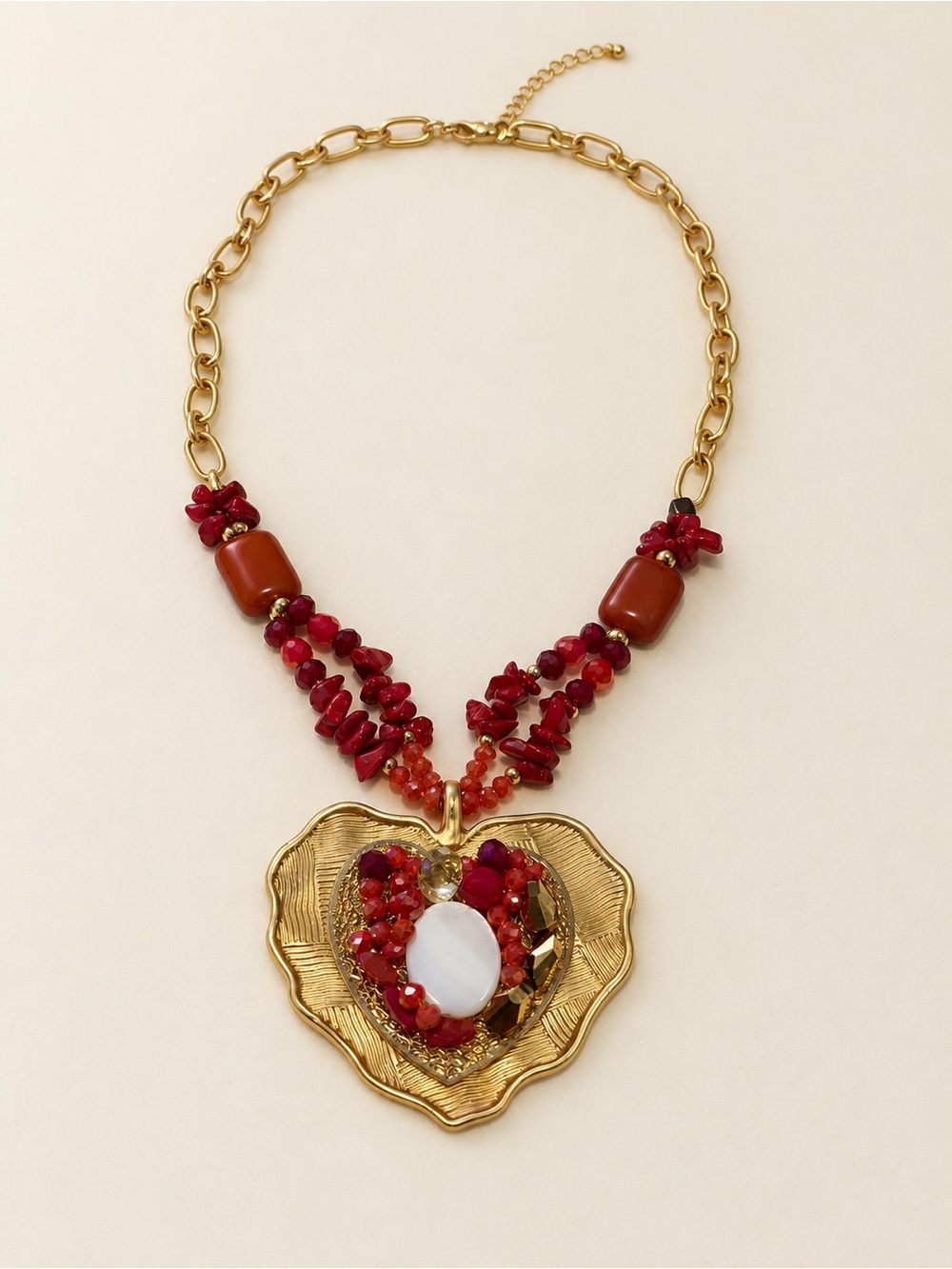 Red Beaded Statement Necklace with Ornate Gold-Tone Heart Pendant - Picture 2 of 2